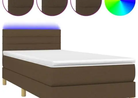 Pat cu arcuri, saltea și LED, maro închis, 90x190 cm, textil - 2/5
