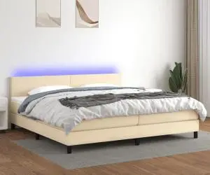 vidaXL Pat cu arcuri, saltea și LED, crem, 200x200 cm, textil