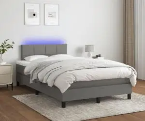 vidaXL Pat cu arcuri, saltea și LED, gri închis, 120x200 cm, textil