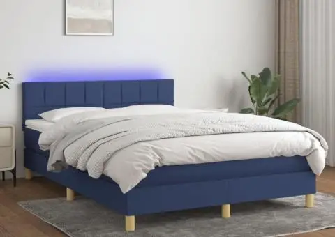 Pat cu arcuri, saltea și LED, albastru, 140x190 cm, textil - 1/5