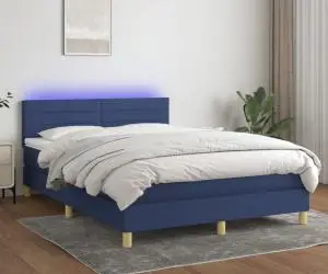 vidaXL Pat cu arcuri, saltea și LED, albastru, 140x190 cm, textil