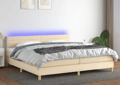 Pat cu arcuri, saltea și LED, crem, 200x200 cm, textil - 1/5