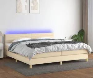 vidaXL Pat cu arcuri, saltea și LED, crem, 200x200 cm, textil