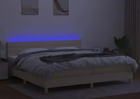 Pat cu arcuri, saltea și LED, crem, 200x200 cm, textil - 3/5