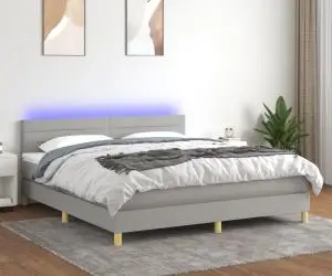 vidaXL Pat cu arcuri, saltea și LED, gri deschis, 160x200 cm, textil
