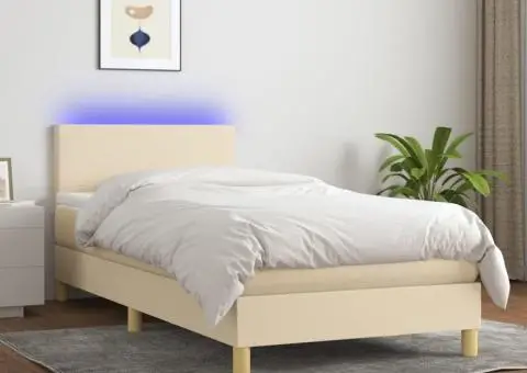 Pat cu arcuri, saltea și LED, crem, 80x200 cm, textil - 1/5