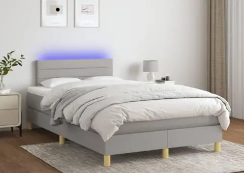 Pat cu arcuri, saltea și LED, gri deschis, 120x200 cm, textil - 1/5