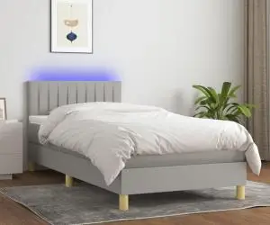 vidaXL Pat cu arcuri, saltea și LED, gri deschis, 100x200 cm, textil