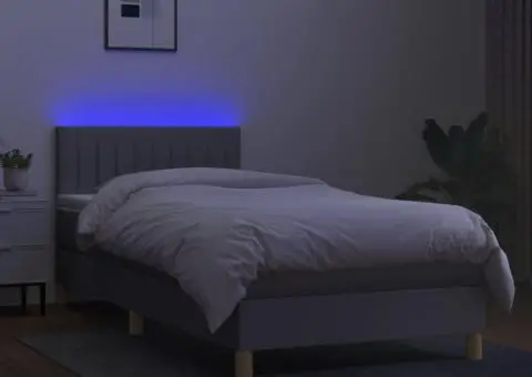 Pat cu arcuri, saltea și LED, gri deschis, 90x200 cm, textil - 3/5