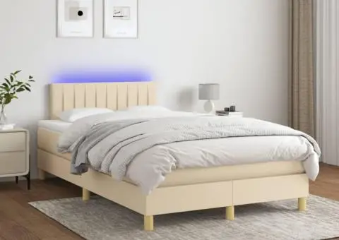 Pat cu arcuri, saltea și LED, crem, 120x200 cm, textil - 1/5