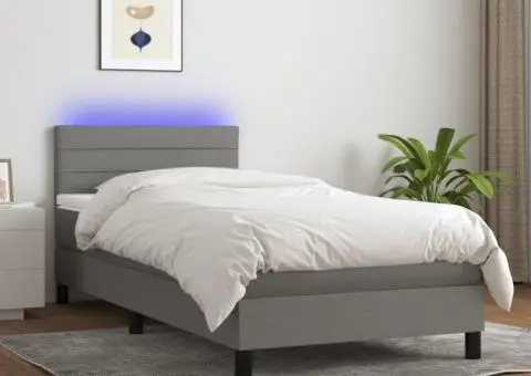 Pat cu arcuri, saltea și LED, gri închis, 90x200 cm, textil - 1/5