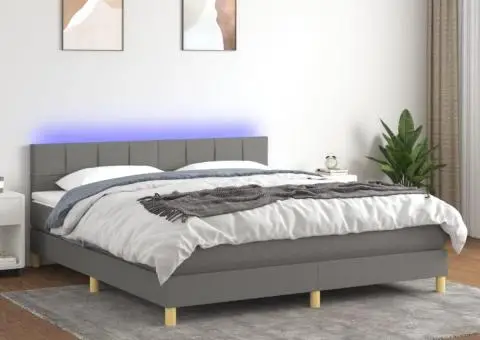 Pat cu arcuri, saltea și LED, gri închis, 180x200 cm, textil - 1/5