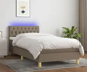 vidaXL Pat cu arcuri, saltea și LED, gri taupe, 90x190 cm, textil