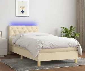 vidaXL Pat cu arcuri, saltea și LED, crem, 80x200 cm, textil