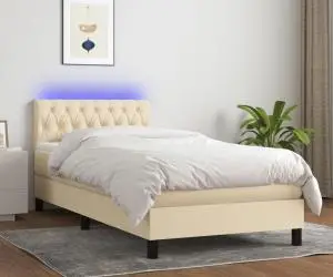vidaXL Pat cu arcuri, saltea și LED, crem, 90x190 cm, textil