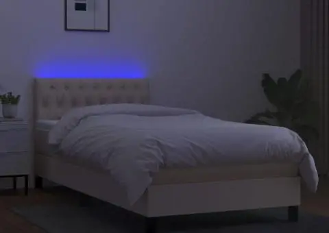 Pat cu arcuri, saltea și LED, crem, 90x190 cm, textil - 4/5