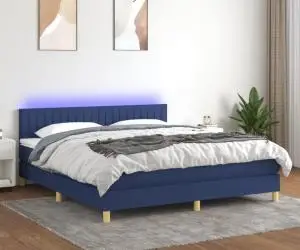 vidaXL Pat cu arcuri, saltea și LED, albastru, 160x200 cm, textil