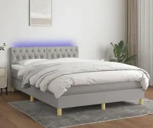 vidaXL Pat cu arcuri, saltea și LED, gri deschis, 140x190 cm, textil