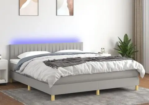 Pat cu arcuri, saltea și LED, gri deschis, 160x200 cm, textil - 1/5