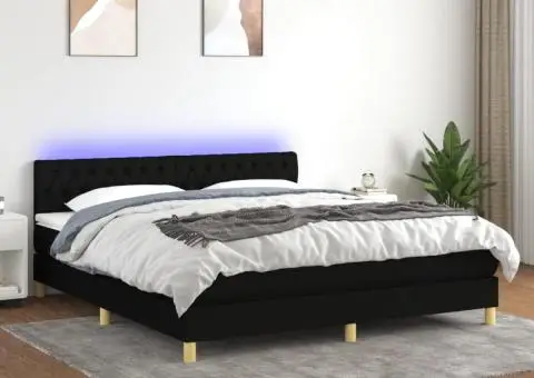 Pat cu arcuri, saltea și LED, negru, 180x200 cm, textil - 1/5