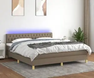 vidaXL Pat cu arcuri, saltea și LED, gri taupe, 180x200 cm, textil