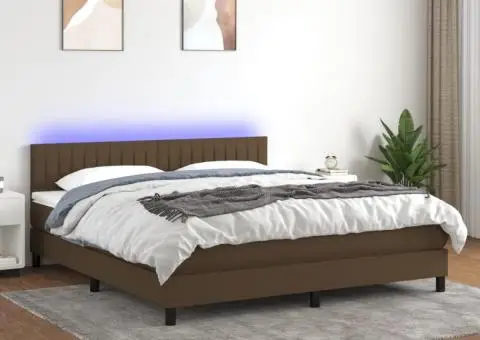 Pat cu arcuri, saltea și LED, maro închis, 180x200 cm, textil - 1/5