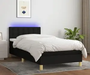 vidaXL Pat cu arcuri, saltea și LED, negru, 100x200 cm, textil