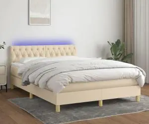 vidaXL Pat cu arcuri, saltea și LED, crem, 140x190 cm, textil