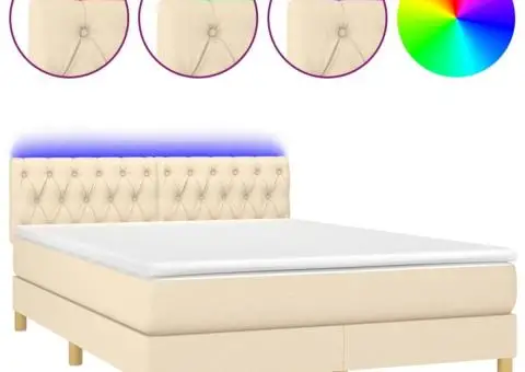 Pat cu arcuri, saltea și LED, crem, 140x190 cm, textil - 2/5