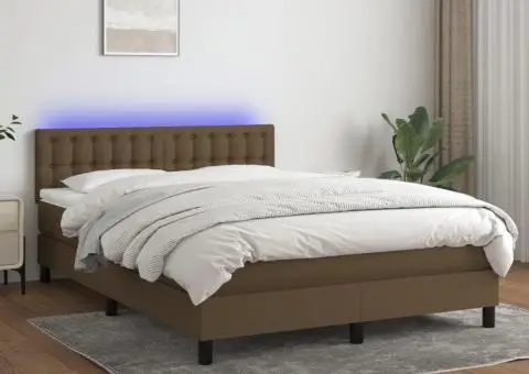 Pat cu arcuri, saltea și LED, maro închis, 140x190 cm, textil - 1/5