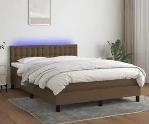 vidaXL Pat cu arcuri, saltea și LED, maro închis, 140x190 cm, textil