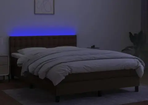 Pat cu arcuri, saltea și LED, maro închis, 140x190 cm, textil - 4/5