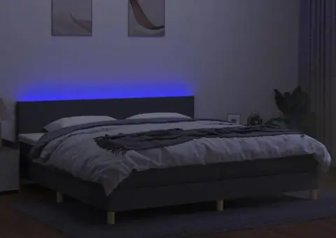 Pat cu arcuri, saltea și LED, gri închis, 200x200 cm, textil - 4/5