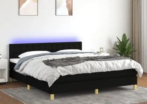 Pat cu arcuri, saltea și LED, negru, 180x200 cm, textil - 1/5