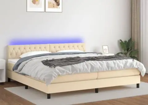 Pat cu arcuri, saltea și LED, crem, 200x200 cm, textil - 1/5