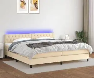 vidaXL Pat cu arcuri, saltea și LED, crem, 200x200 cm, textil