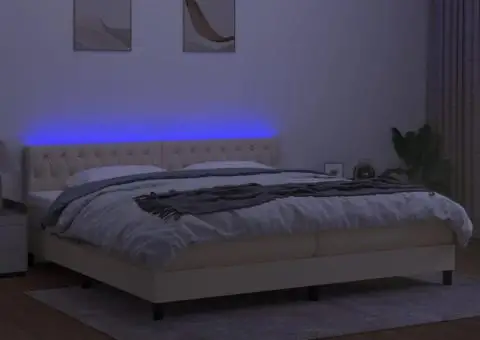 Pat cu arcuri, saltea și LED, crem, 200x200 cm, textil - 4/5