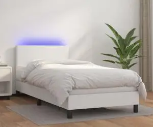 vidaXL Pat cu arcuri, saltea și LED, alb, 90x190 cm, piele ecologică