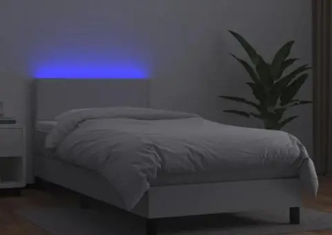 Pat cu arcuri, saltea și LED, alb, 90x190 cm, piele ecologică - 4/5