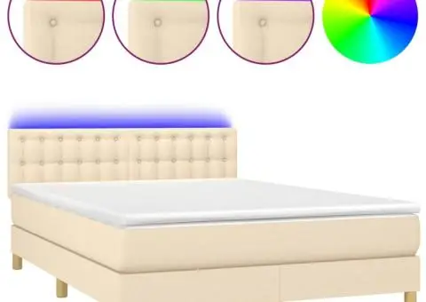 Pat cu arcuri, saltea și LED, crem, 140x190 cm, textil - 2/5