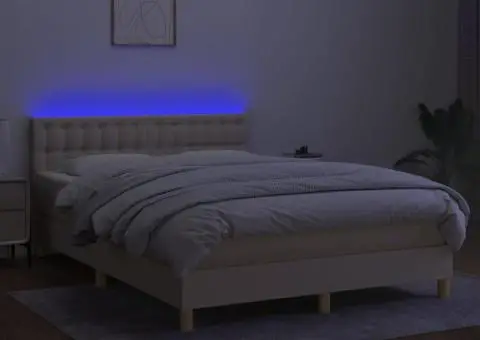 Pat cu arcuri, saltea și LED, crem, 140x190 cm, textil - 4/5