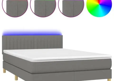 Pat cu arcuri, saltea și LED, gri închis, 140x190 cm, textil - 2/5