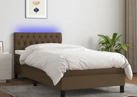 Pat cu arcuri, saltea și LED, maro închis, 100x200 cm, textil - 1/5