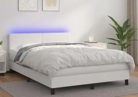 Pat cu arcuri, saltea și LED, alb, 140x200 cm, piele eco - 1/5