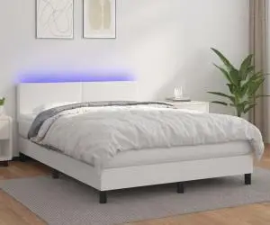 vidaXL Pat cu arcuri, saltea și LED, alb, 140x200 cm, piele eco