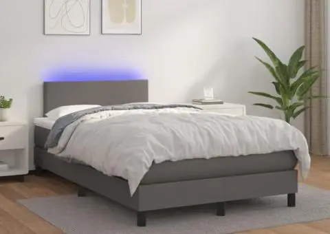 Pat cu arcuri, saltea și LED, gri, 120x200 cm, piele ecologică - 1/5