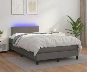 vidaXL Pat cu arcuri, saltea și LED, gri, 120x200 cm, piele ecologică