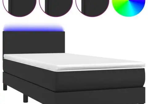 Pat cu arcuri, saltea și LED, negru, 90x200 cm, piele ecologică - 2/5