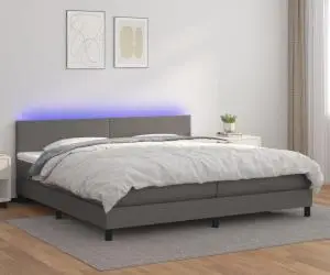 vidaXL Pat cu arcuri, saltea și LED, gri, 200x200 cm, piele ecologică