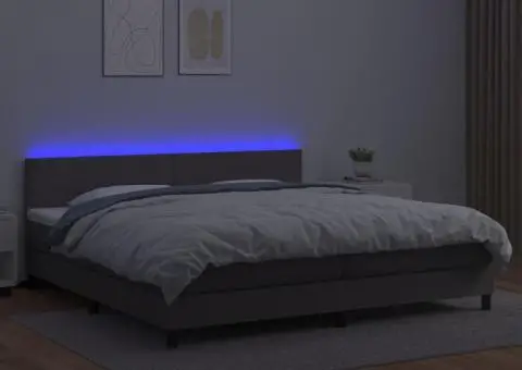 Pat cu arcuri, saltea și LED, gri, 200x200 cm, piele ecologică - 4/5